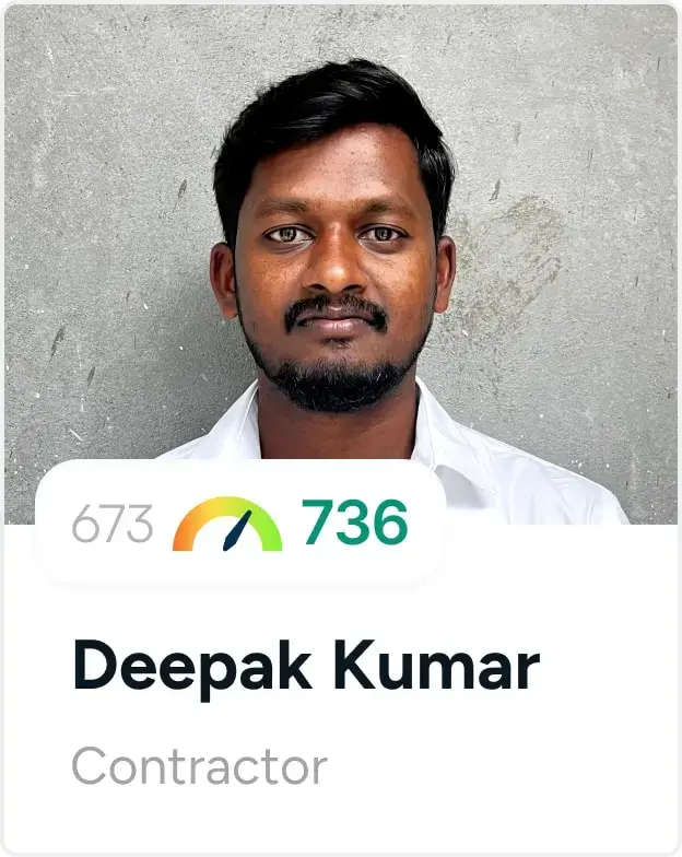 A smiling person with their name, job description and credit score