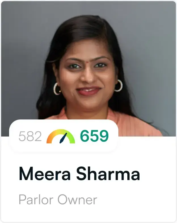 A smiling person with their name, job description and credit score