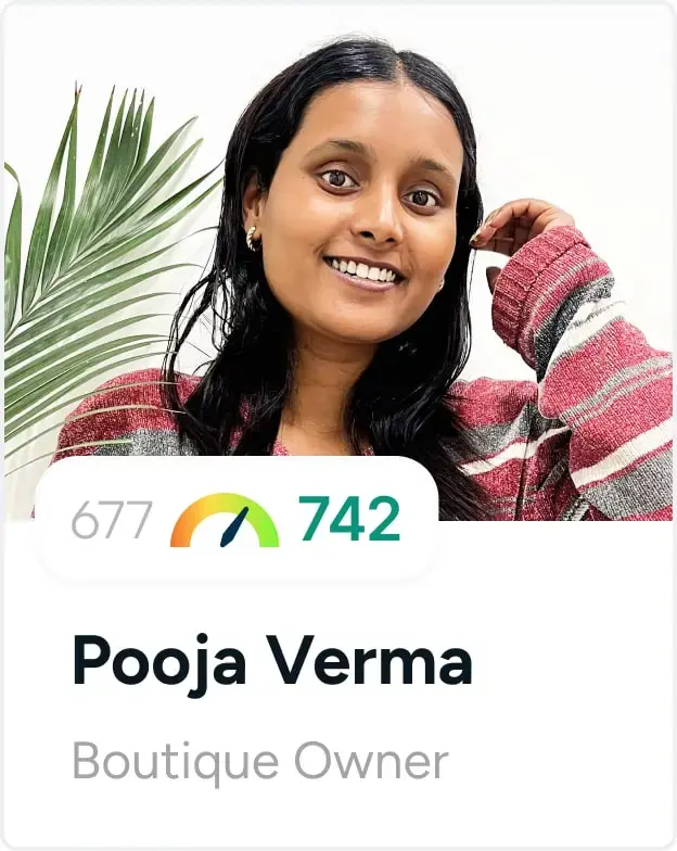 A smiling person with their name, job description and credit score