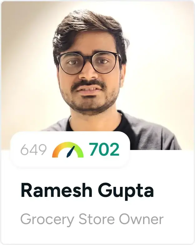 A smiling person with their name, job description and credit score