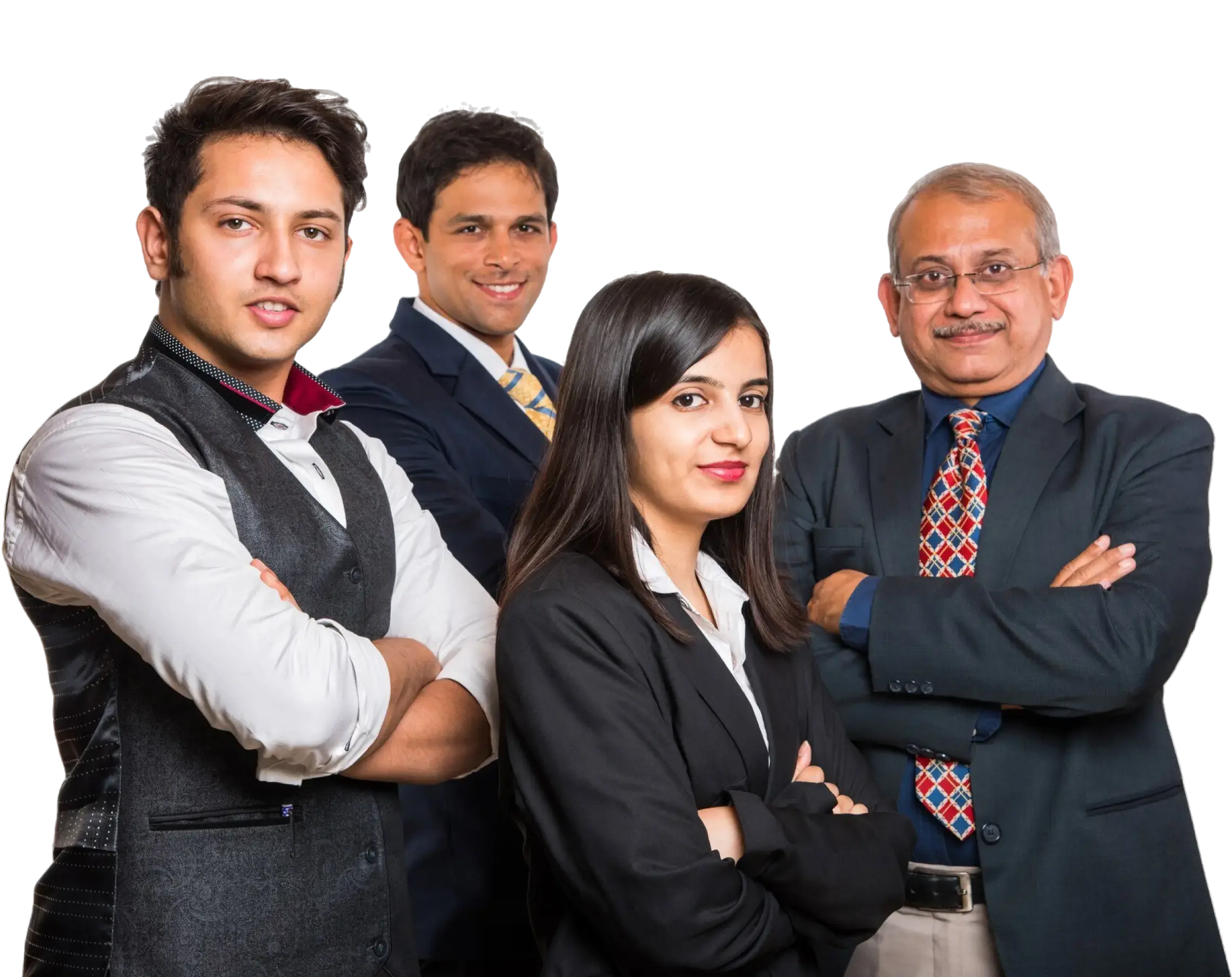A group of 3 men and 1 woman in formal wear smiling
