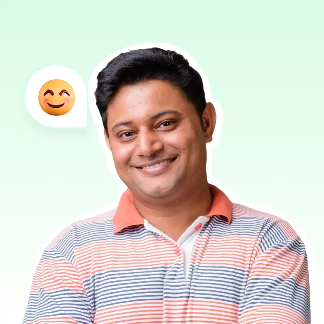 A man smiling in a red, blue and white striped polo t-shirt