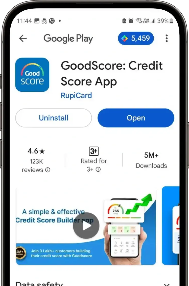 Google playstore page of GoodScore with 4.6 stars, 123K reviews, 5M+ downloads and buttons to uninstall or open the app