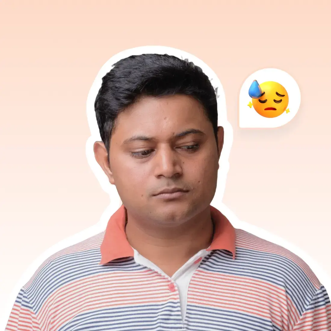 A sad looking man in a red, blue and white striped polo t-shirt